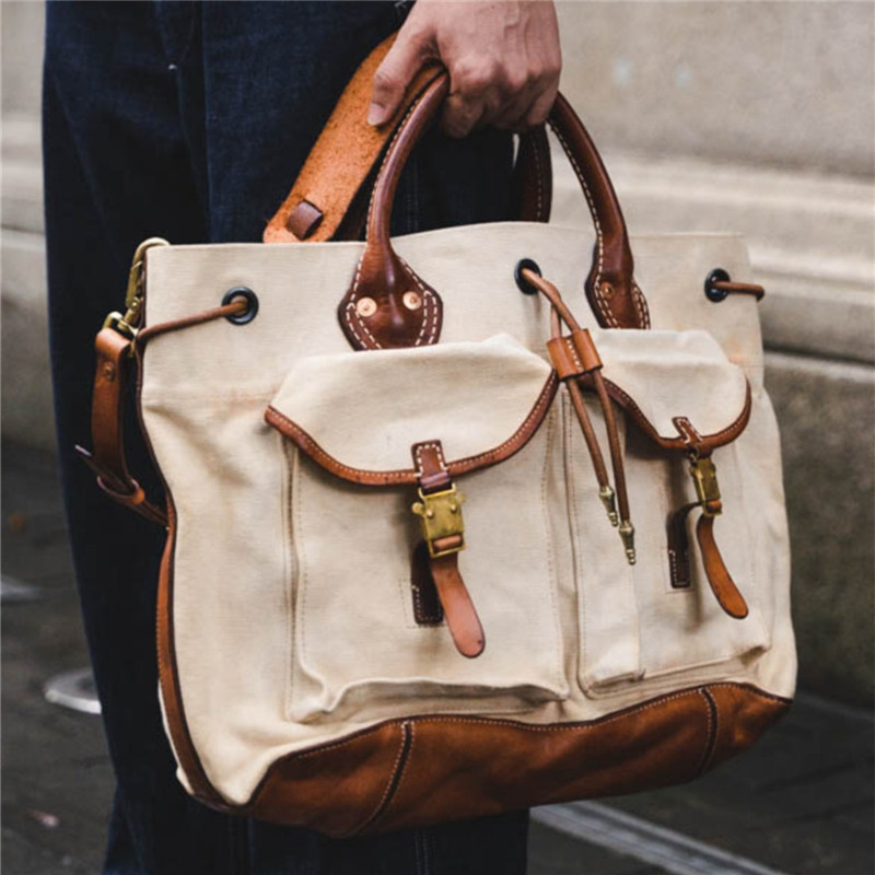 Luxury Bags Made In China - ヴィンテージデザイナー手作りキャンバス牛革大容量メンズブリーフケース高級多機能ハンドバッグアウトドアトラベルバッグ